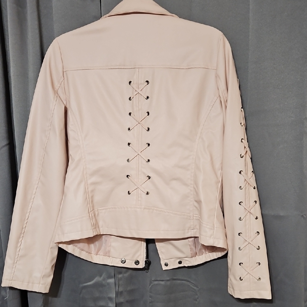 CoffeeShop Women's Blush Leather Jacket with Lace-Up Sleeves - Picture 3 of 3